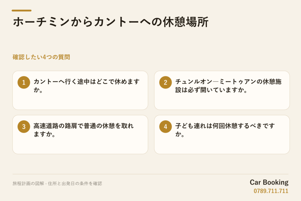 図解: ホーチミンからカントーへの休憩場所 — カントーへ行く途中はどこで休めますか。 · チュンルオン―ミートゥアンの休憩施設は必ず開いていますか。 · 高速道路の路肩で普通の休憩を取れますか。 · 子ども連れは何回休憩するべきですか。
