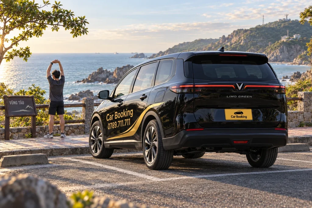 海沿いの展望駐車場に停まる黒いCar BookingのLimo Greenと体を伸ばす旅行者。