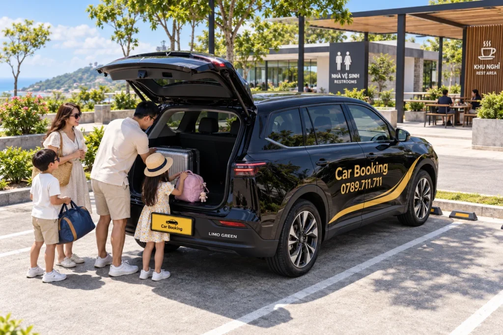 一家人在休息区停车位旁整理黑色Car Booking Limo Green后备箱的行李。