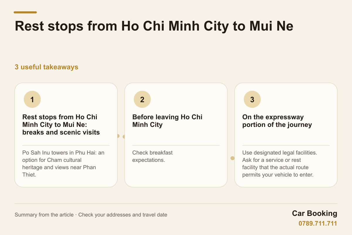 Infographic: Rest stops from Ho Chi Minh City to Mui Ne — Po Sah Inu towers in Phu Hai: an option for Cham cultural heritage and views near Phan Thiet.