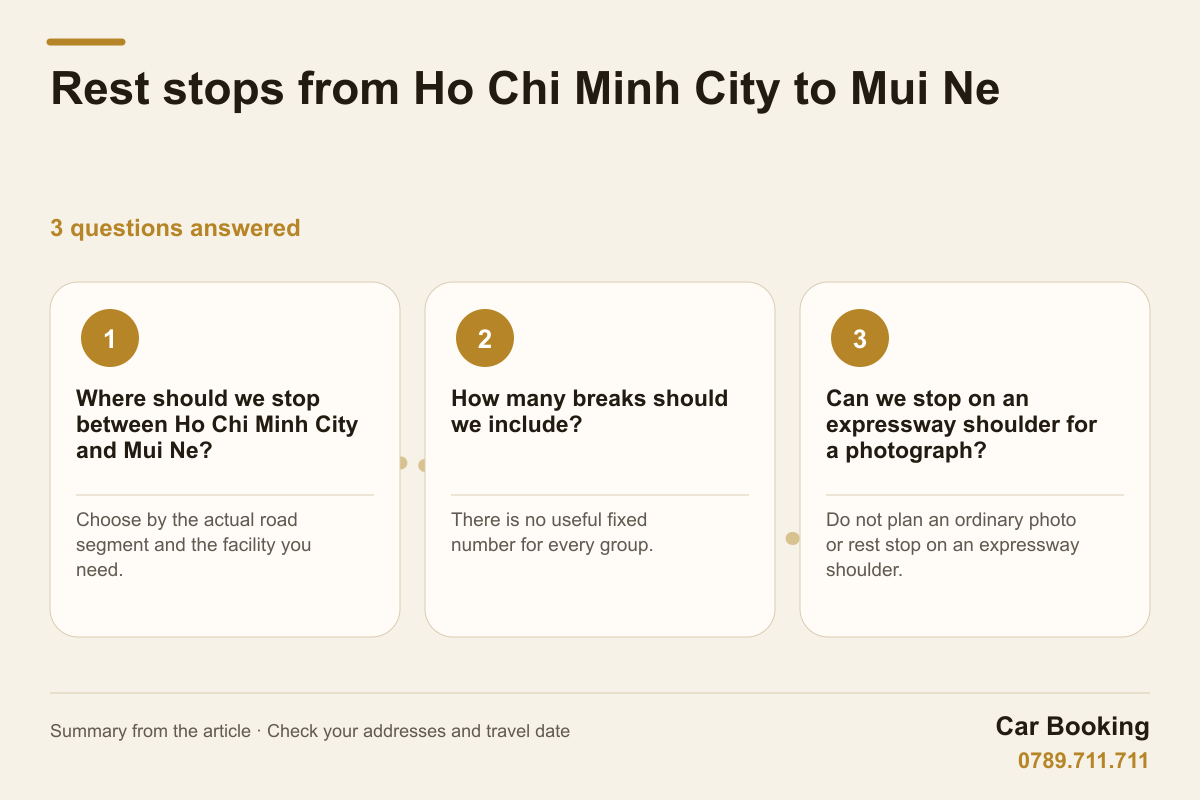 Infographic: Rest stops from Ho Chi Minh City to Mui Ne — Where should we stop between Ho Chi Minh City and Mui Ne? Choose by the actual road segment and the facility you need.