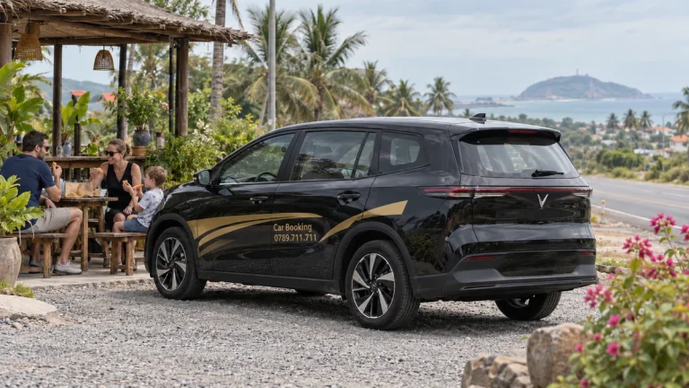 rest stops Ho Chi Minh City to Phan Thiet: illustration of travellers resting beside a black Car Booking car on a coastal trip.