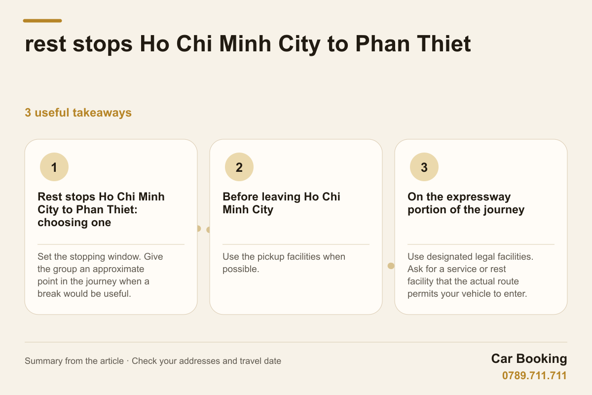 Infographic: rest stops Ho Chi Minh City to Phan Thiet — Set the stopping window. Give the group an approximate point in the journey when a break would be useful.