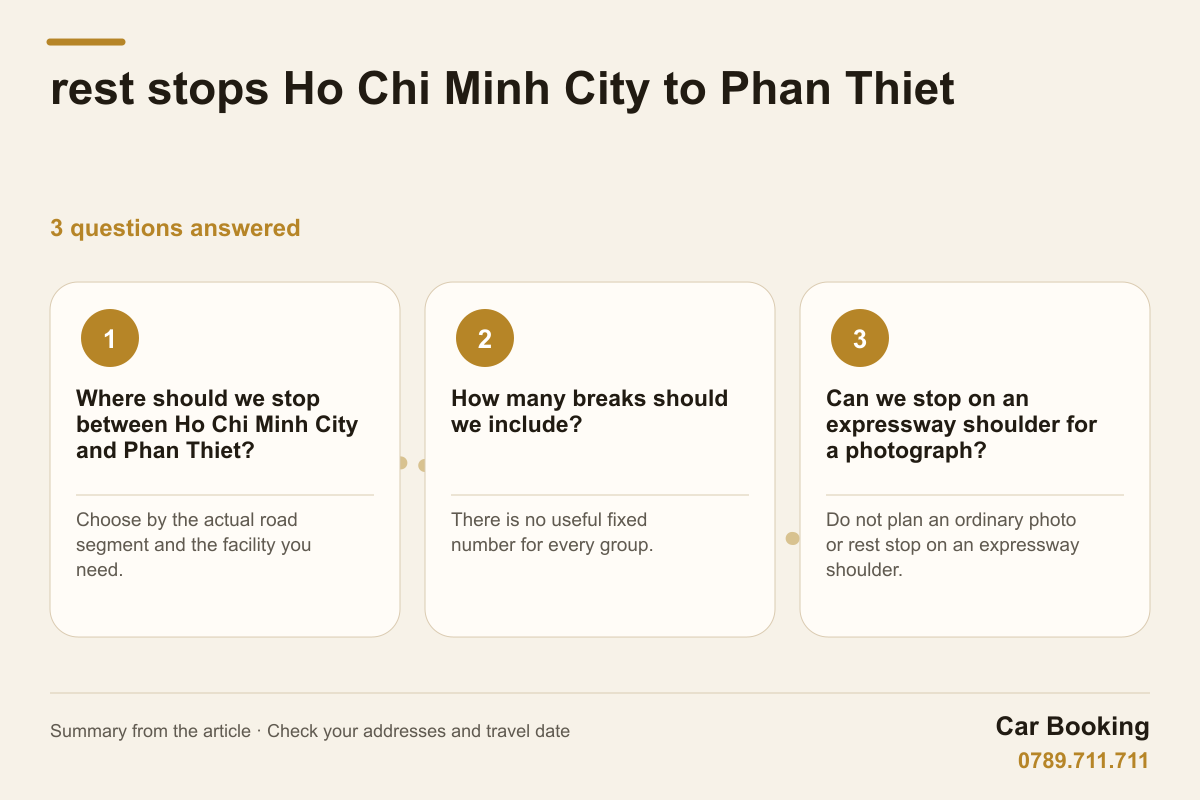 Infographic: rest stops Ho Chi Minh City to Phan Thiet — Where should we stop between Ho Chi Minh City and Phan Thiet? Choose by the actual road segment and the facility you need.