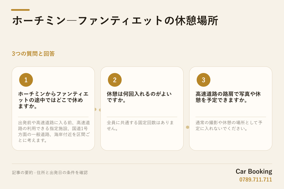 図解: ホーチミン―ファンティエットの休憩場所 — ホーチミンからファンティエットの途中ではどこで休めますか。 出発前や高速道路に入る前、高速道路の利用できる指定施設、国道1号方面の一般道路、海岸付近を区間ごとに考えます。