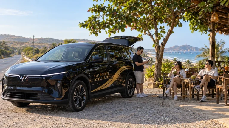 胡志明市到潘切途中休息站：旅客在树荫下的停靠点从黑色Car Booking车辆旁休息的配图。