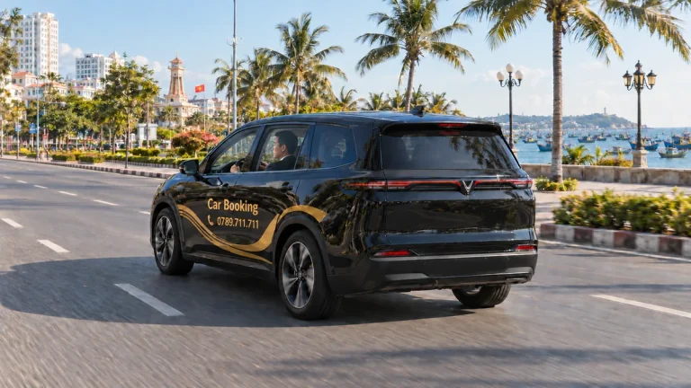 road route from Ho Chi Minh City to Phan Thiet: illustration of rear view of a black Car Booking vehicle on a Phan Thiet seaside road.