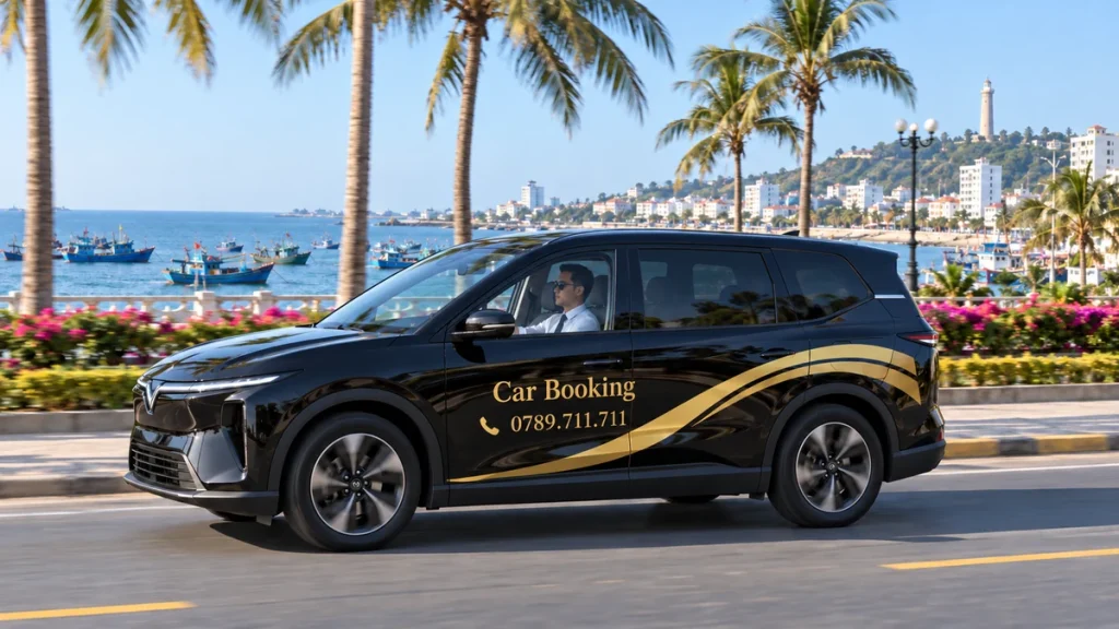 ホーチミンからファンティエットへの車の行き方：ファンティエットの海沿いの道を走る黒いCar Booking車両のイメージ。