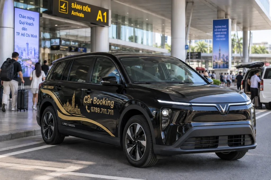 Xe Car Booking màu đen tại khu đón khách sân bay Tân Sơn Nhất.