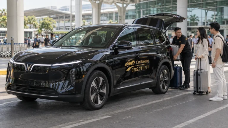 Sân bay Tân Sơn Nhất đi Mũi Né bao xa: Tài xế xếp vali vào xe Car Booking màu đen khi đón khách tại nhà ga sân bay.