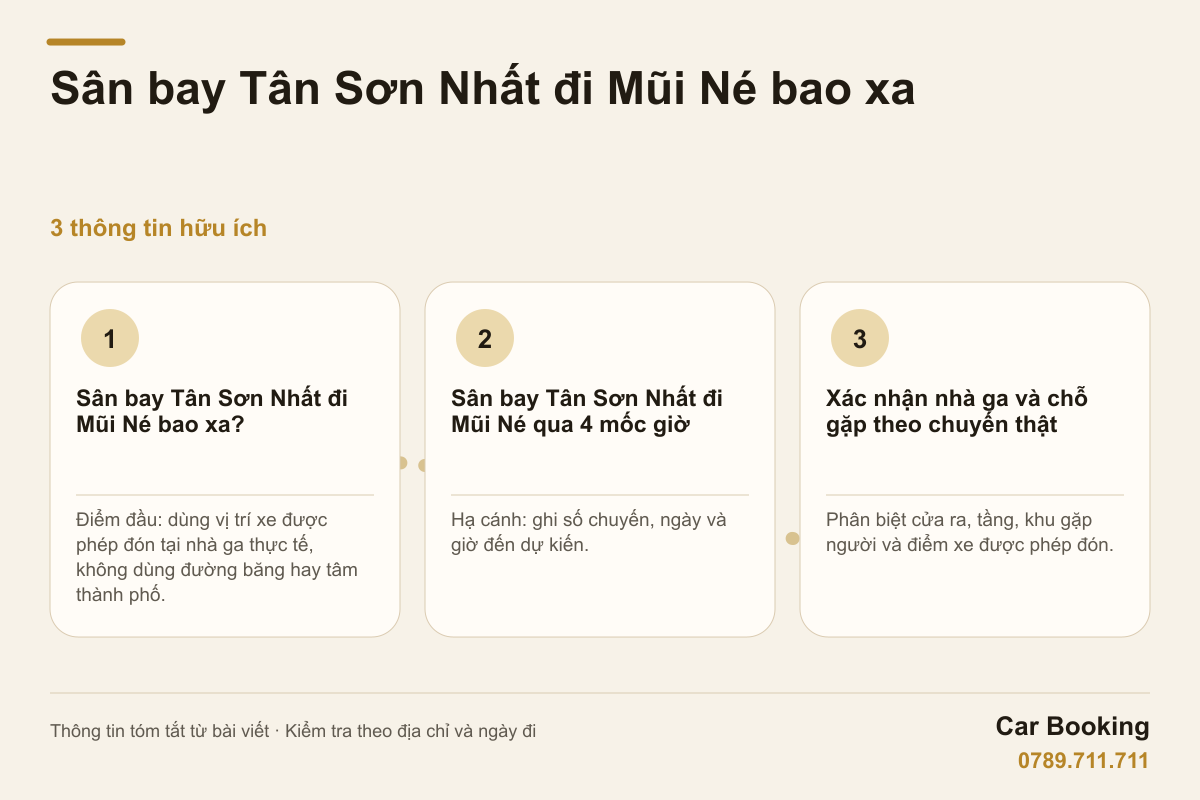 Đồ họa: Sân bay Tân Sơn Nhất đi Mũi Né bao xa — Điểm đầu: dùng vị trí xe được phép đón tại nhà ga thực tế, không dùng đường băng hay tâm thành phố.