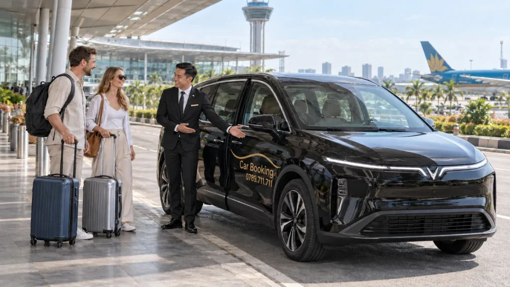 sân bay Tân Sơn Nhất đi Phan Thiết bao xa – ảnh minh họa tài xế đón hành khách cùng vali bên xe Car Booking đen tại sân bay.