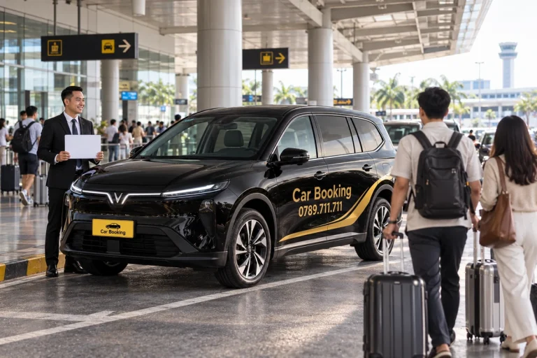 Xe Limo Green Car Booking đỗ tại khu đón sân bay, tài xế chờ hai khách mang hành lý.