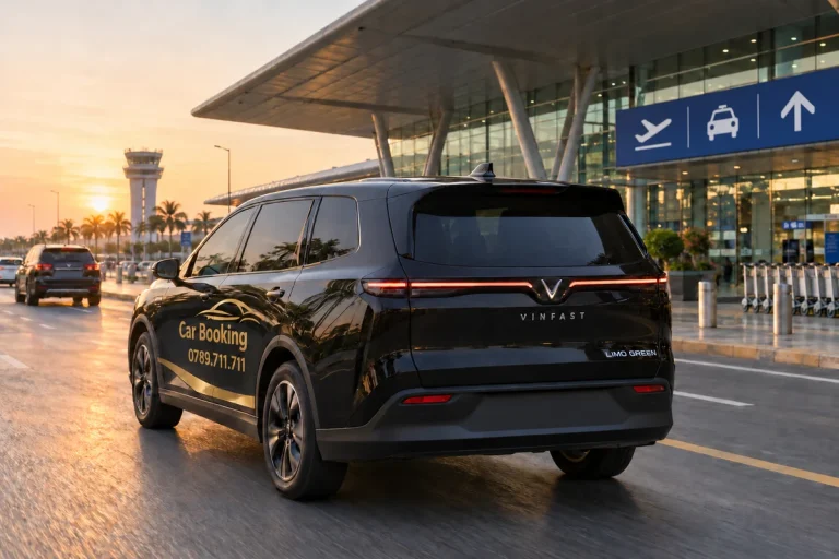 Black Car Booking vehicle departing an airport terminal pickup area at sunrise.