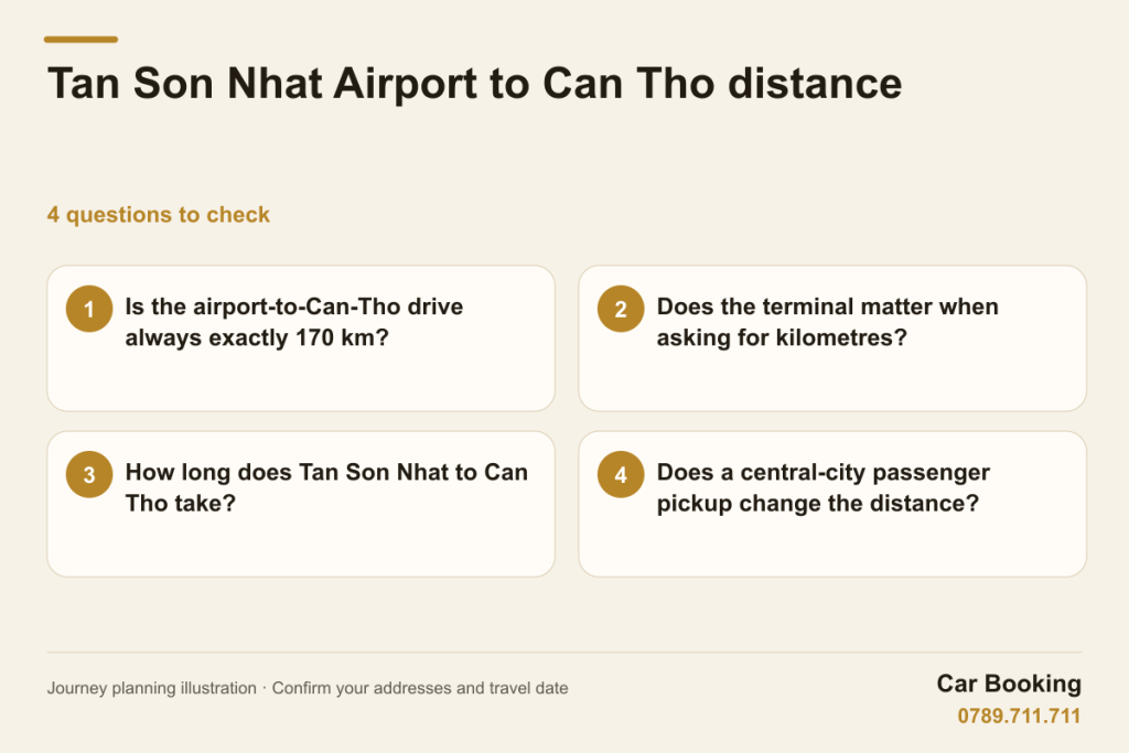 Illustrated guide: Tan Son Nhat Airport to Can Tho distance - four questions about the terminal, pickup and kilometres.
