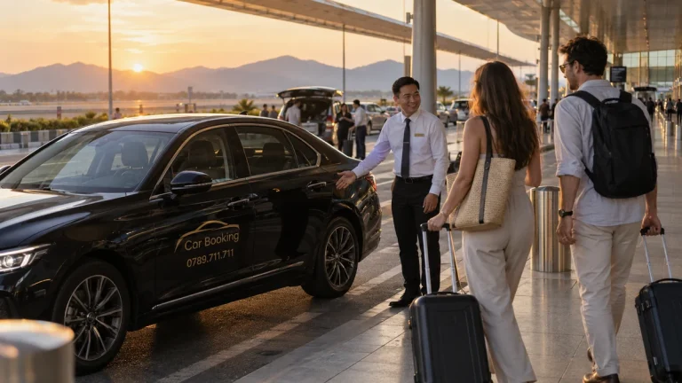 Tan Son Nhat Airport to Mui Ne distance: A driver greets two international travellers with luggage beside a black Car Booking sedan at the airport.