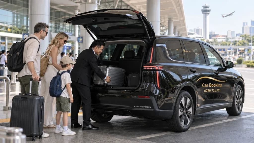 Tan Son Nhat Airport to Phan Thiet distance: illustration of driver loading travellers’ luggage into a black Car Booking car at the airport.