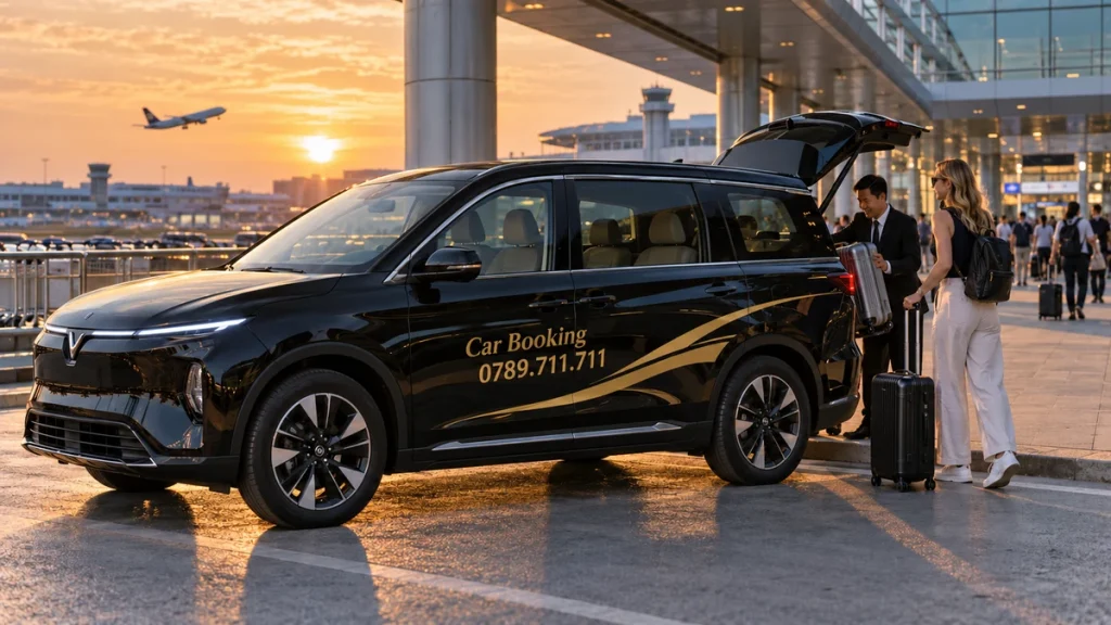 新山一机场到潘切有多远：机场外的黑色Car Booking接送车辆和旅客的配图。