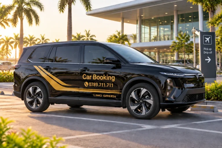 机场航站楼外的黑色Car Booking车辆，侧面视角。