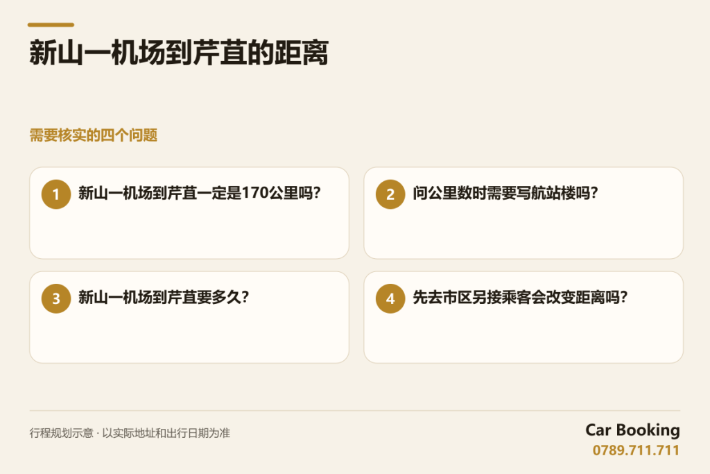 示意图: 新山一机场到芹苴的距离 — 新山一机场到芹苴一定是170公里吗？ · 问公里数时需要写航站楼吗？ · 新山一机场到芹苴要多久？ · 先去市区另接乘客会改变距离吗？