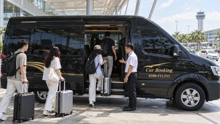 新山一机场到美奈有多远：旅客带着行李在机场登上黑色 Car Booking Solati 16 座接送车。