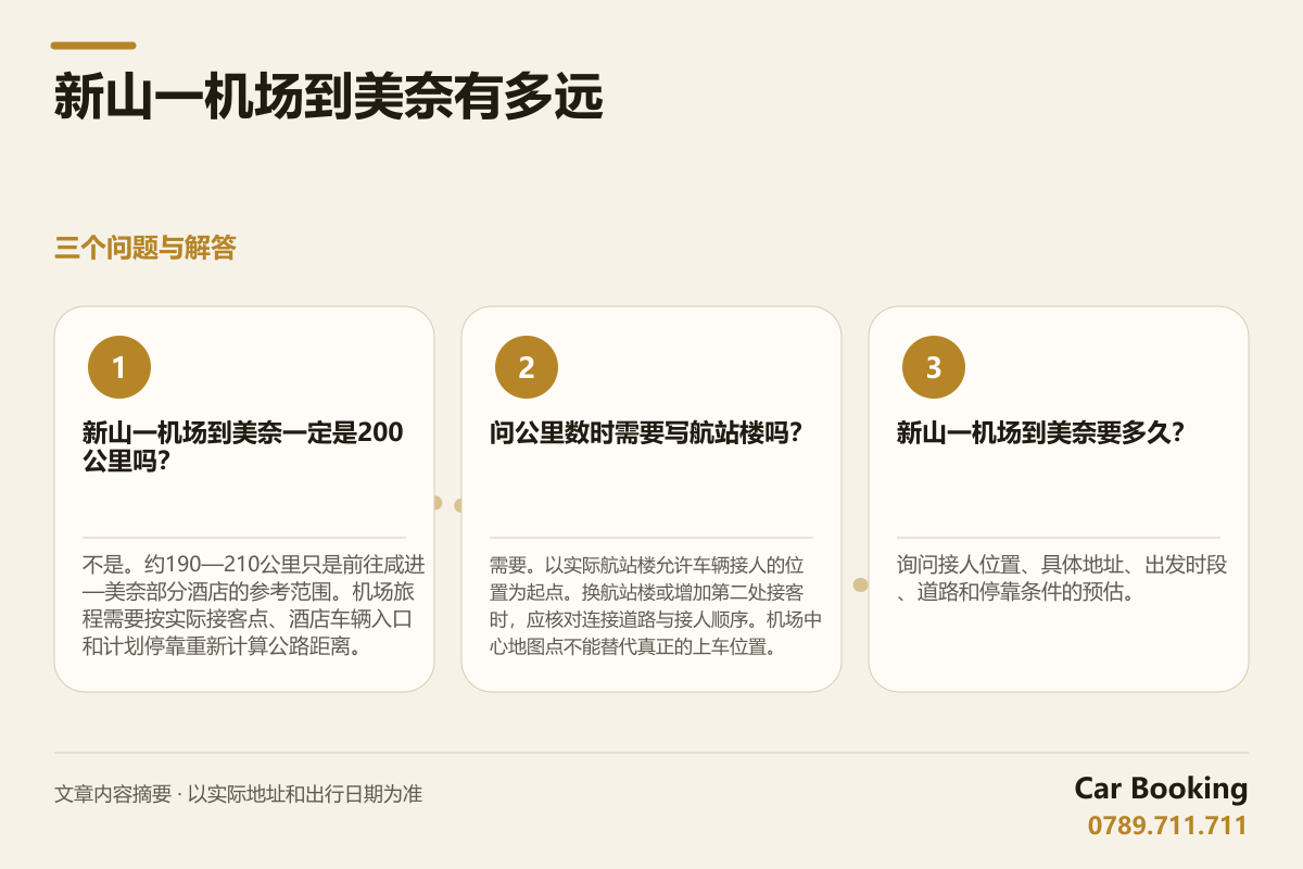 信息图: 新山一机场到美奈有多远 — 新山一机场到美奈一定是200公里吗？ 不是。约190—210公里只是前往咸进—美奈部分酒店的参考范围。机场旅程需要按实际接客点、酒店车辆入口和计划停靠重新计算公路距离。