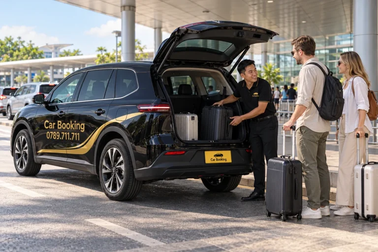 Car Booking driver loading suitcases for an adult couple at an airport pickup bay.