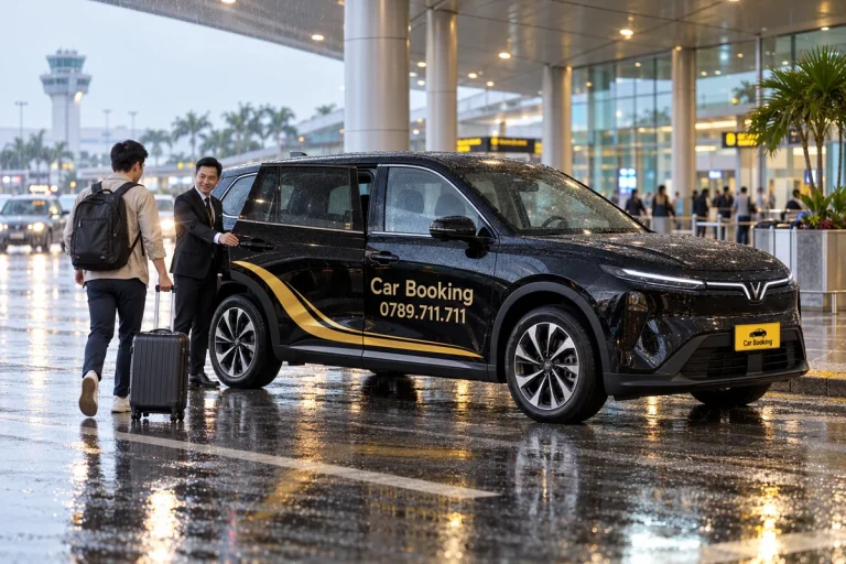 雨の空港送迎エリアで旅行者を迎える黒いCar BookingのLimo Green。
