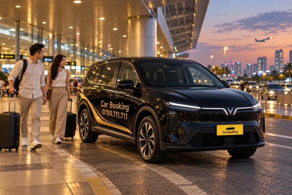 傍晚机场门前准备接客的黑色Car Booking Limo Green和两名旅客。