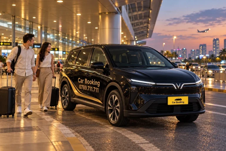 傍晚机场门前准备接客的黑色Car Booking Limo Green和两名旅客。