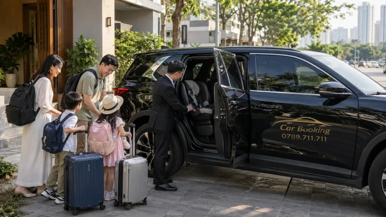 Thuê xe riêng đi Mũi Né cần lưu ý: Tài xế hỗ trợ gia đình lên xe Car Booking màu đen trước khách sạn.