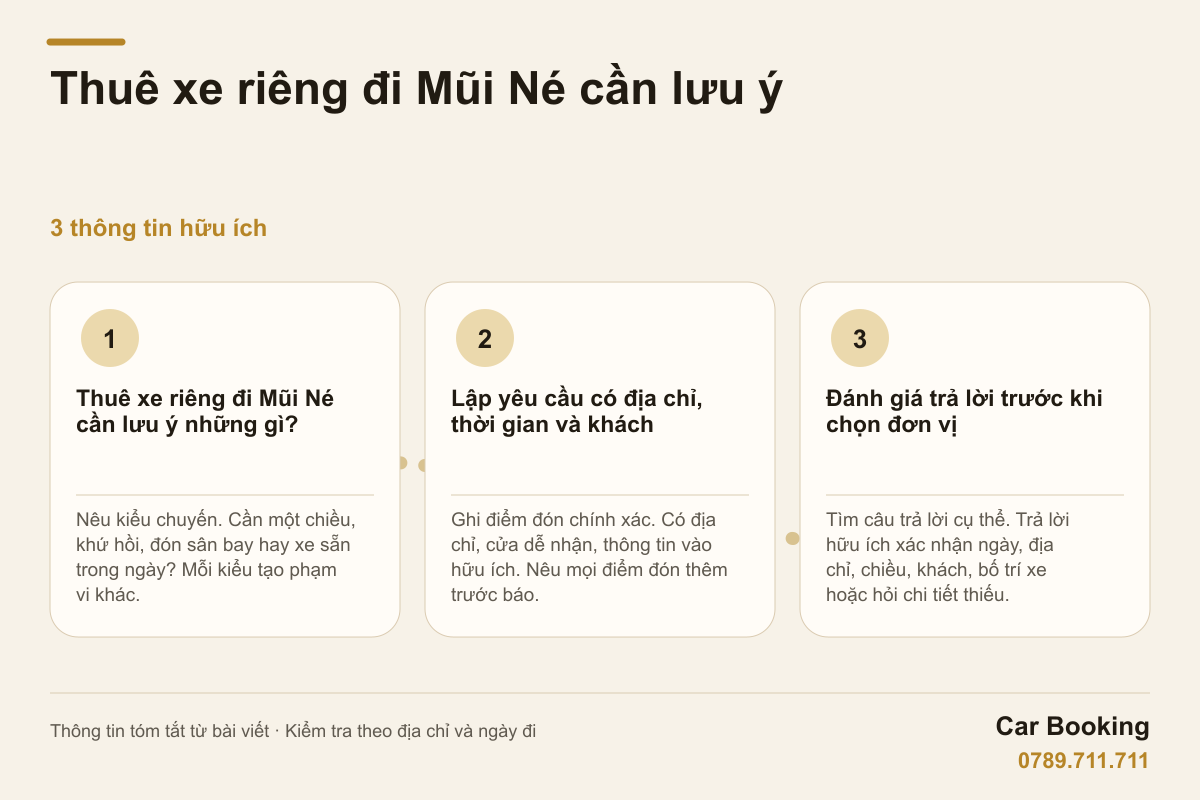 Đồ họa: Thuê xe riêng đi Mũi Né cần lưu ý — Nêu kiểu chuyến. Cần một chiều, khứ hồi, đón sân bay hay xe sẵn trong ngày? Mỗi kiểu tạo phạm vi khác.