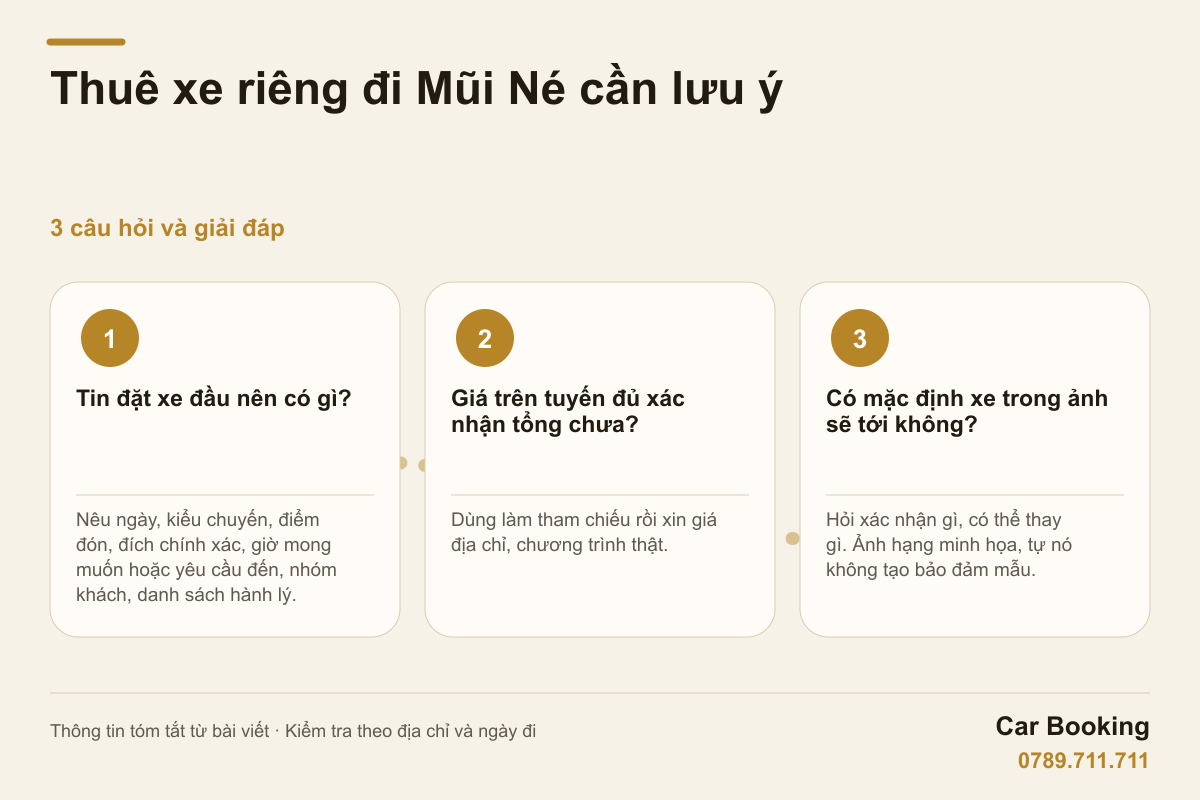 Đồ họa: Thuê xe riêng đi Mũi Né cần lưu ý — Tin đặt xe đầu nên có gì? Nêu ngày, kiểu chuyến, điểm đón, đích chính xác, giờ mong muốn hoặc yêu cầu đến, nhóm khách, danh sách hành lý.
