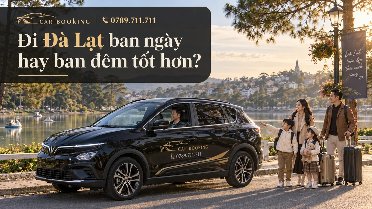 đi Đà Lạt ban ngày hay ban đêm – thiết kế tên bài trên ảnh minh họa xe Car Booking và hành khách
