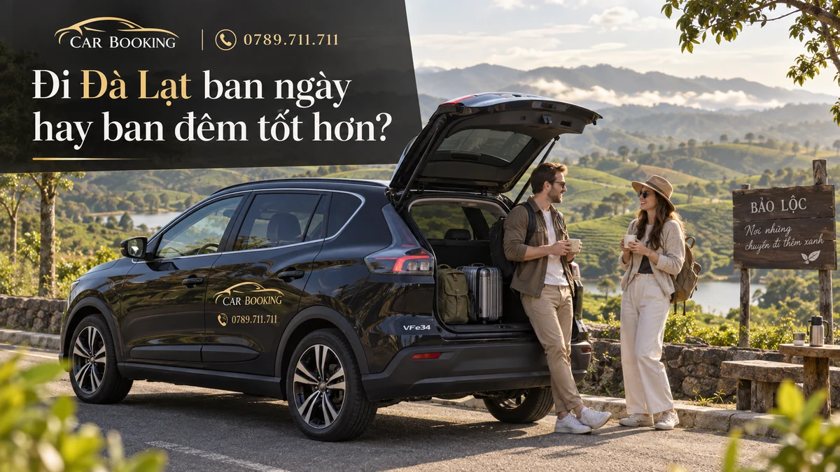 đi Đà Lạt ban ngày hay ban đêm – thiết kế tên bài trên ảnh minh họa hành trình cùng xe và du khách
