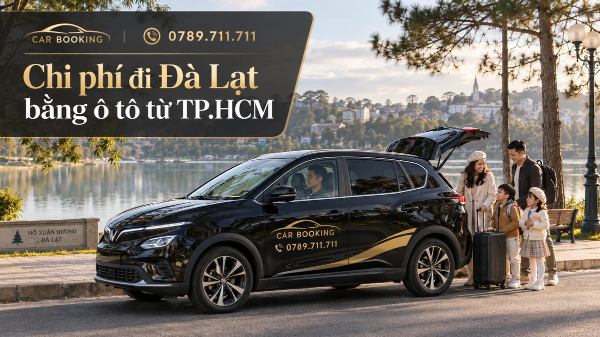 chi phí đi Đà Lạt bằng ô tô – thiết kế tên bài trên ảnh minh họa xe Car Booking và hành khách