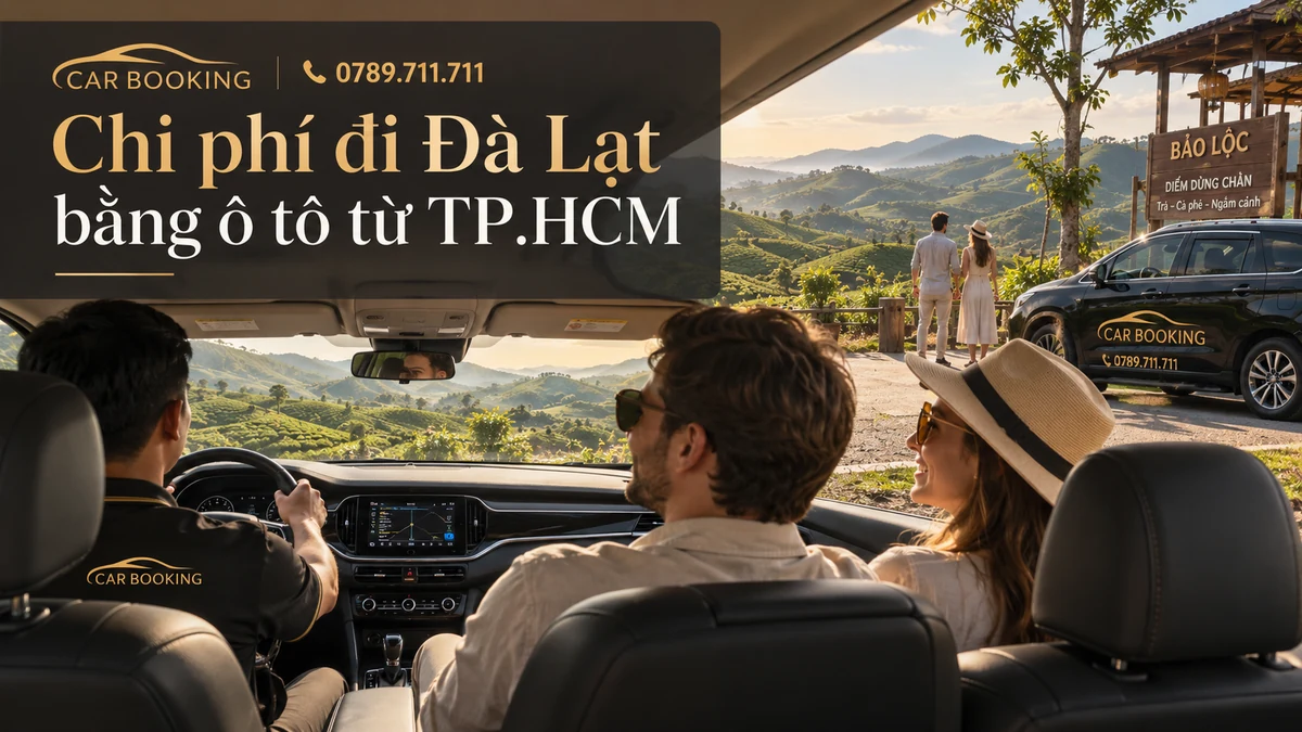 chi phí đi Đà Lạt bằng ô tô – thiết kế tên bài trên ảnh minh họa hành trình cùng xe và du khách