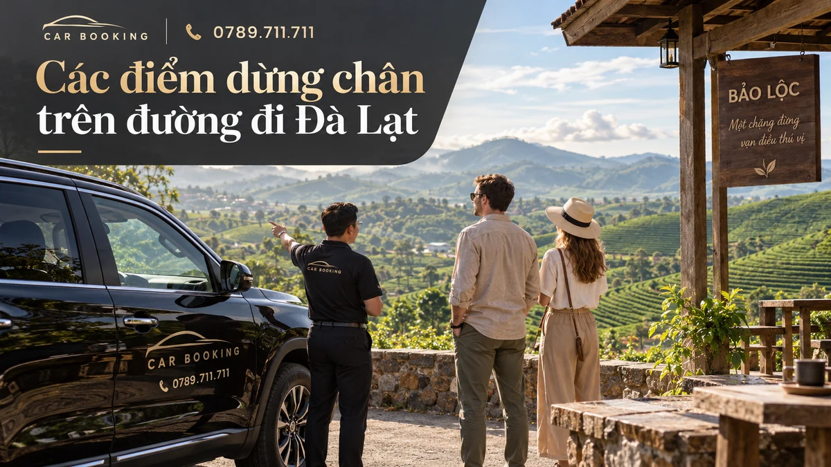 điểm dừng chân trên đường đi Đà Lạt – thiết kế tên bài trên ảnh minh họa hành trình cùng xe và du khách