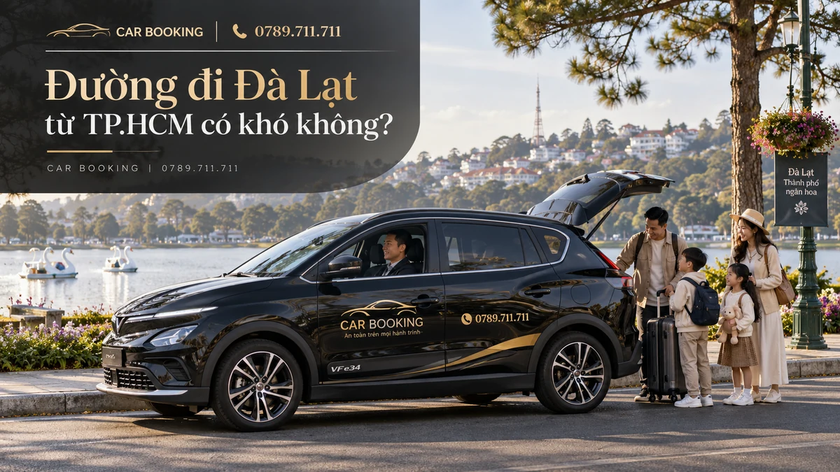 đường đi Đà Lạt từ TP.HCM – thiết kế tên bài trên ảnh minh họa xe Car Booking và hành khách