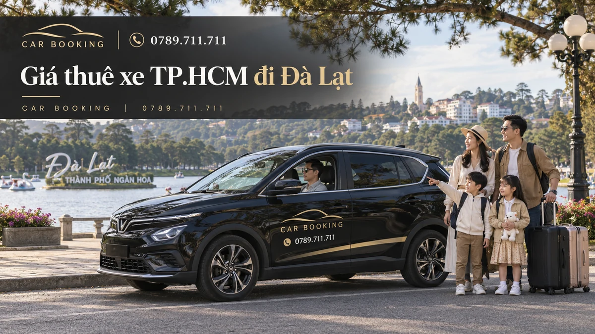 giá thuê xe TP.HCM đi Đà Lạt – thiết kế tên bài trên ảnh minh họa xe Car Booking và hành khách