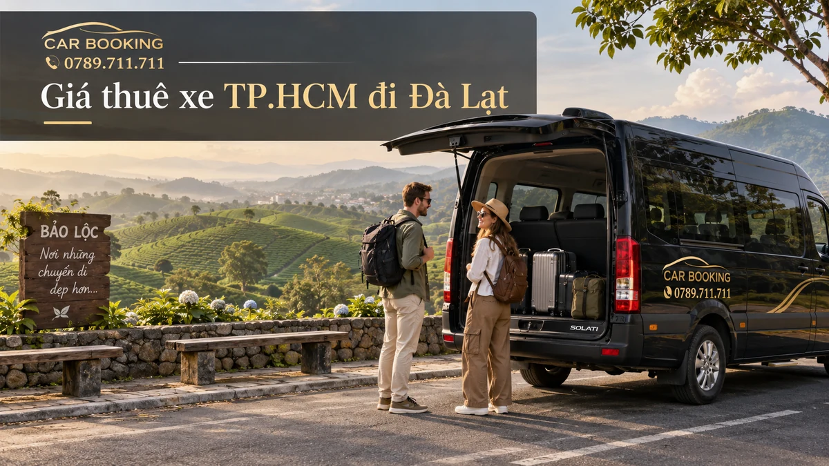 giá thuê xe TP.HCM đi Đà Lạt – thiết kế tên bài trên ảnh minh họa hành trình cùng xe và du khách