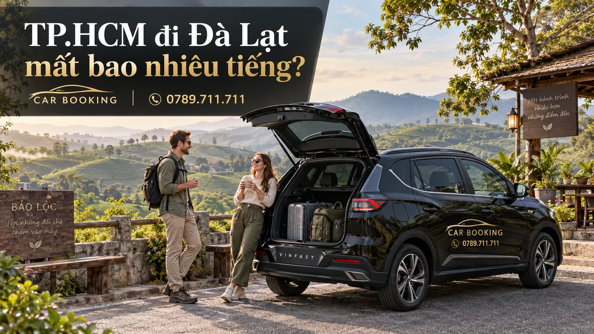 TP.HCM đi Đà Lạt mất bao nhiêu tiếng – thiết kế tên bài trên ảnh minh họa hành trình cùng xe và du khách
