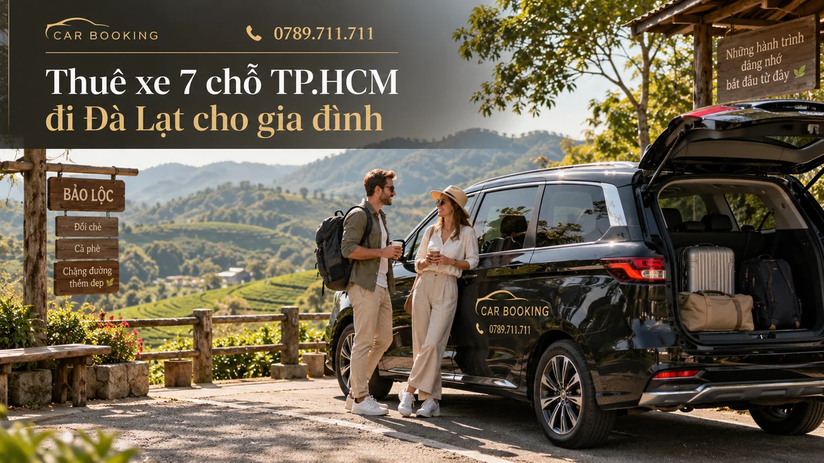 thuê xe 7 chỗ TP.HCM đi Đà Lạt – thiết kế tên bài trên ảnh minh họa hành trình cùng xe và du khách
