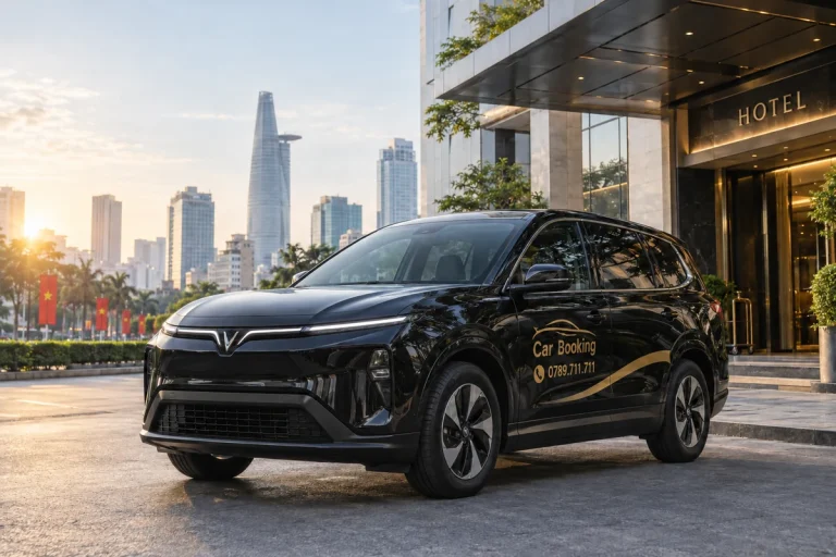 Xe Car Booking màu đen đỗ trước khách sạn tại TP.HCM vào buổi sáng.