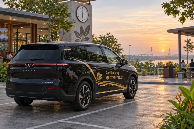 Xe Car Booking nhìn từ phía sau tại điểm dừng ven đường lúc bình minh.