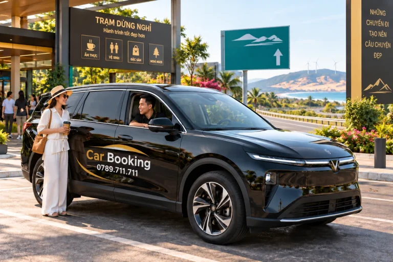 TP.HCM đi Mũi Né bằng cao tốc nào: Xe Limo Green Car Booking màu đen dừng gần trạm nghỉ, nữ hành khách đứng cạnh cửa xe.