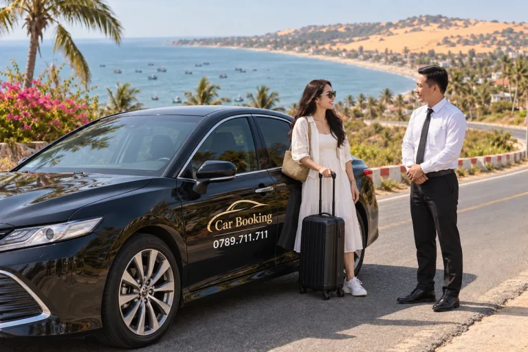 TP.HCM đi Mũi Né bao nhiêu km: Nữ hành khách với vali trao đổi cùng tài xế bên xe sedan Car Booking màu đen trên đường ven biển.