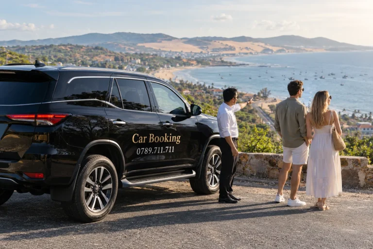 TP.HCM đi Mũi Né mất bao lâu: Ba hành khách ngắm vịnh cạnh xe Car Booking màu đen tại điểm dừng trên đường.