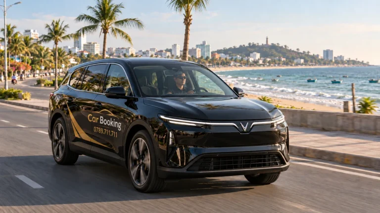 TP.HCM đi Phan Thiết bao nhiêu km – ảnh minh họa xe Limo Green đen mang thương hiệu Car Booking trên đường ven biển Phan Thiết.