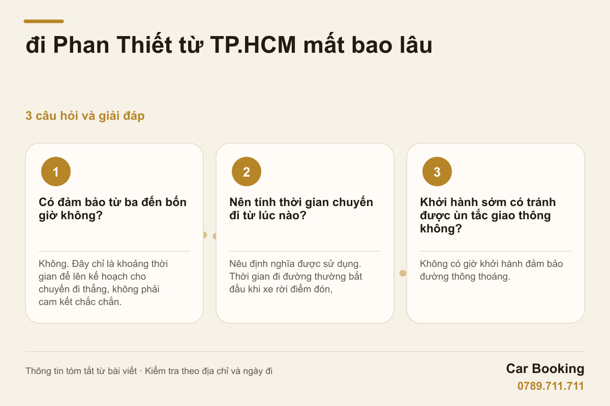 Đồ họa: đi Phan Thiết từ TP.HCM mất bao lâu — Có đảm bảo từ ba đến bốn giờ không? Không. Đây chỉ là khoảng thời gian để lên kế hoạch cho chuyến đi thẳng, không phải cam kết chắc chắn.